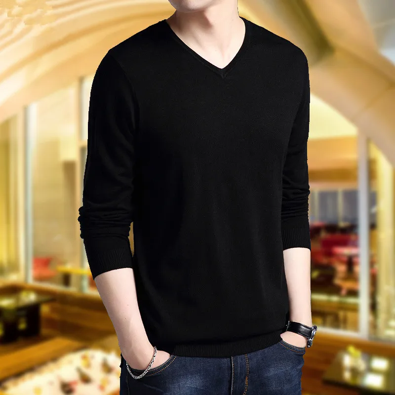 Тонкий вязаный свитер 2020 Мужская футболка с длинным рукавом и V-образным вырезом