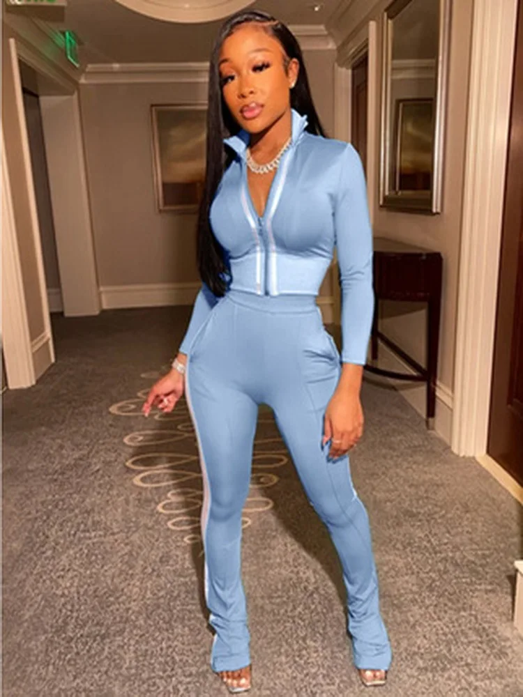 

Fashion Women Tracksuit 2 Piece Set Sports Leisure Long Sleeve Micro Flared Pants Outfits Zipper Top Trousers Jogging Suit