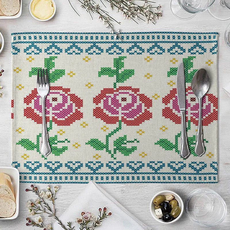 Льняная подстилка с геометрическим рисунком тропических растений цветов птиц