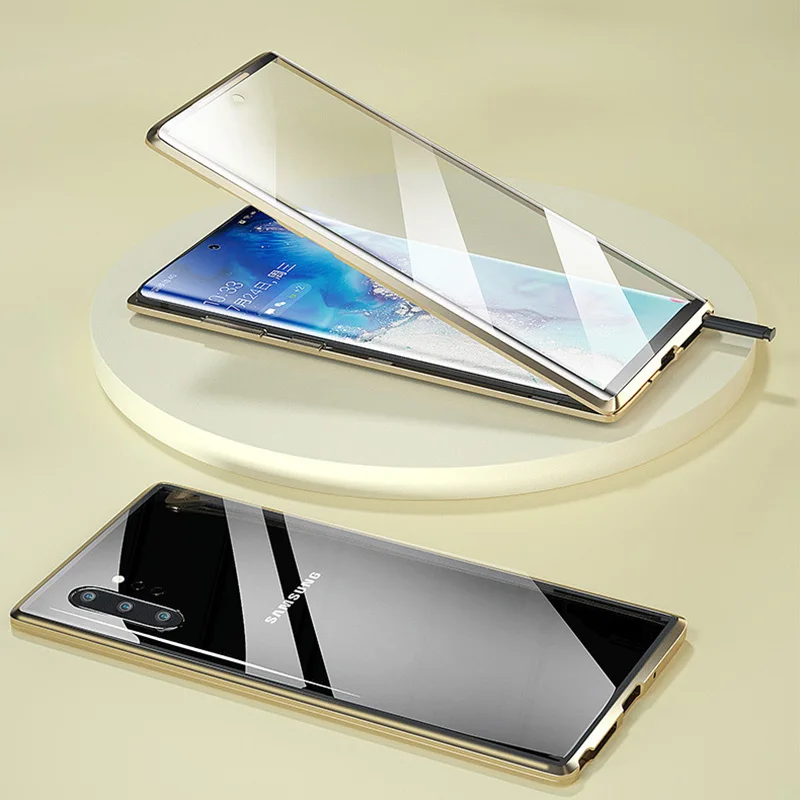 Золотой Металлический чехол с магнитной адсорбцией для samsung Galaxy A70 A60 A50 A9 A8 A7, задняя крышка из закаленного стекла на магните для samsung M30S 20, чехол - Цвет: Золотой