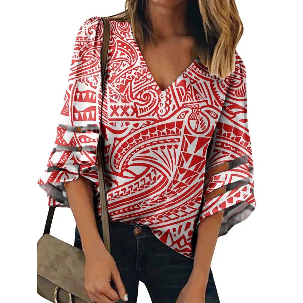 Chic V Neck Floral Print Soft Blouse Casual Loose Shirt Bell Sleeve Chiffon Tops Travel Shopping Clothes Women Polynesian style