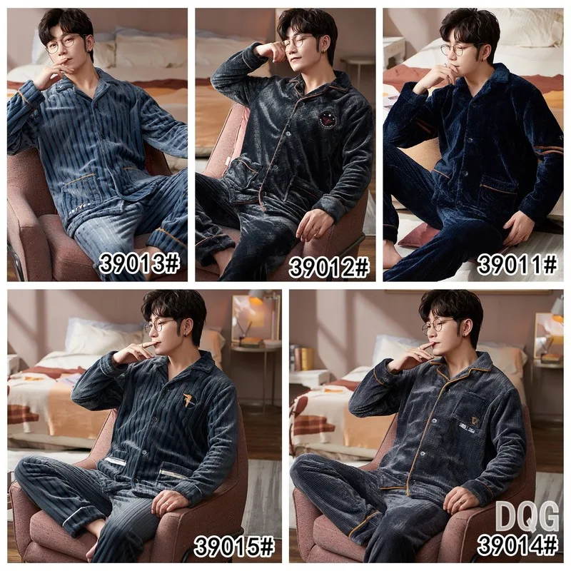 Men's Pajamas Set Flannel Sleepwear Striped Cardigan Lapel Button Pocket Pyjamas Thick Warm Luxury High Quality Homewear Winter
