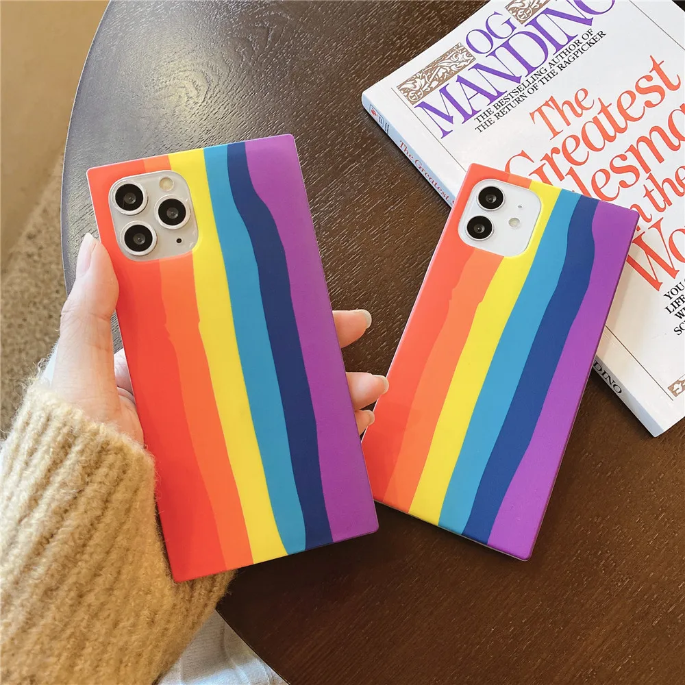 

Square Rainbow Gradient Phone Case for iPhone 13 12 11 Pro XS MAX X XR 7 8Plus Liquid Silicone Shockproof Protection Cover coque