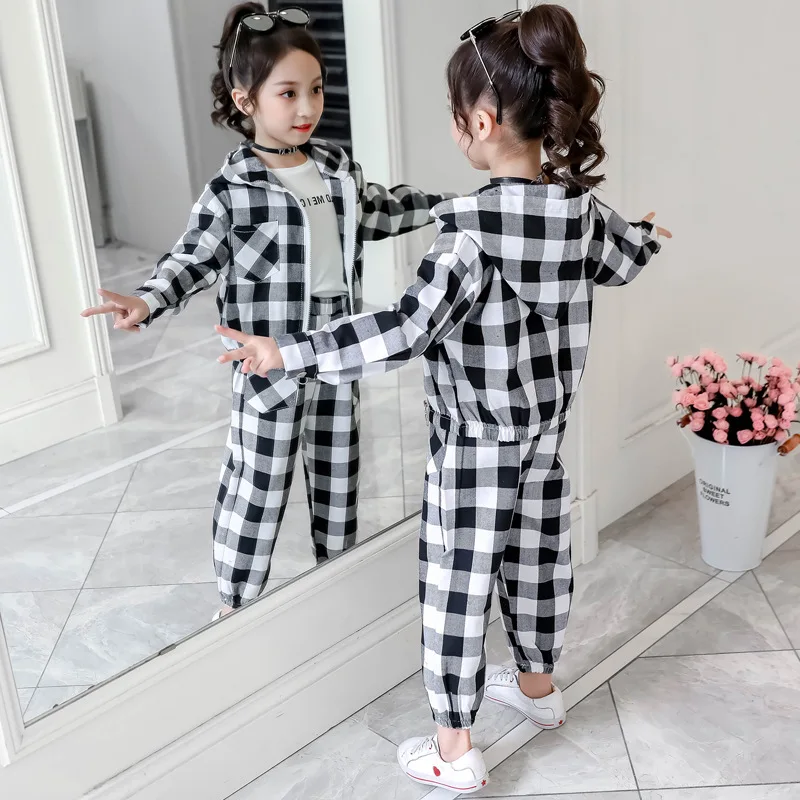 

2021 children's suit girls spring clothes big children children's hooded plaid shirt two-piece set