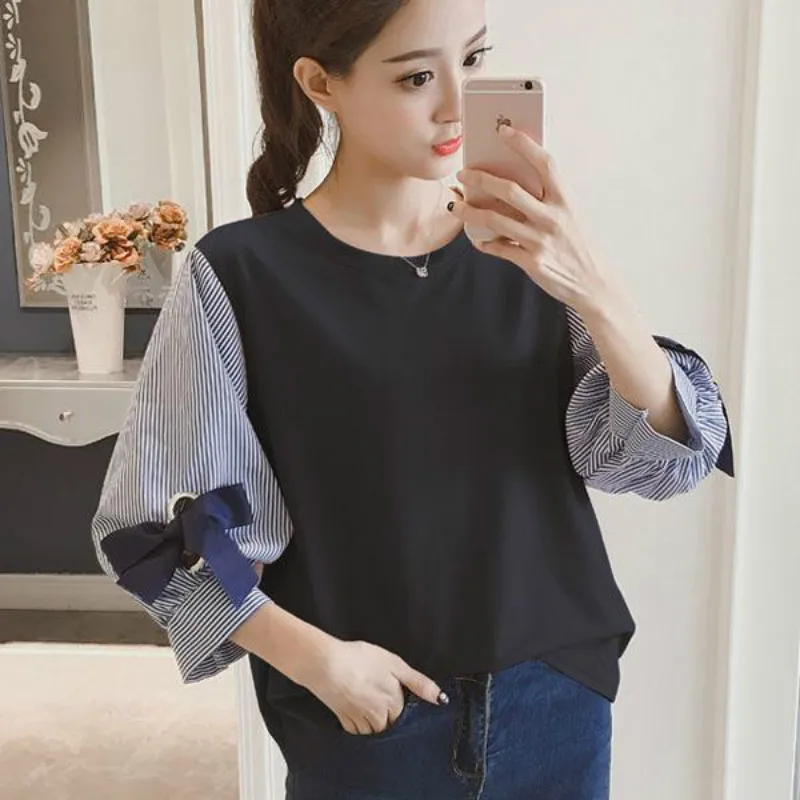 Женская шифоновая блузка с бантом однотонная свободная офисная в стиле пэчворк