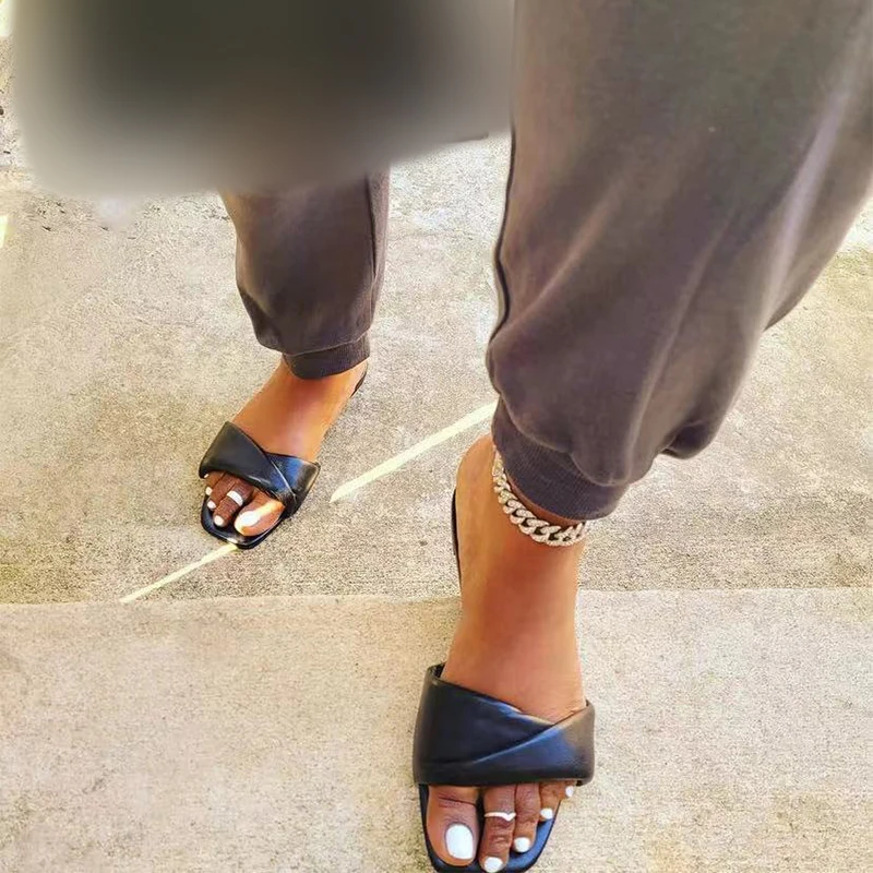 

2021 Women Pleated Square Toe Solid Slippers Woman Summer Outdoor Flats Female Casual Shoes Ladies Big Size Classic Footwear