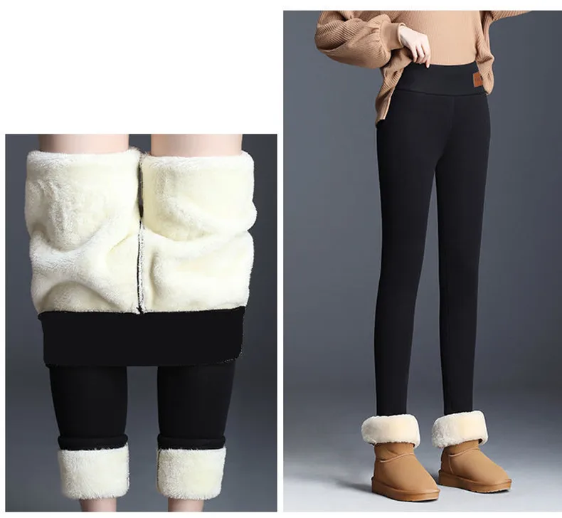Black warm pants winter skinny thick velvet casual wool fleece Trousers Lambskin Cashmere Pants For Women leggings