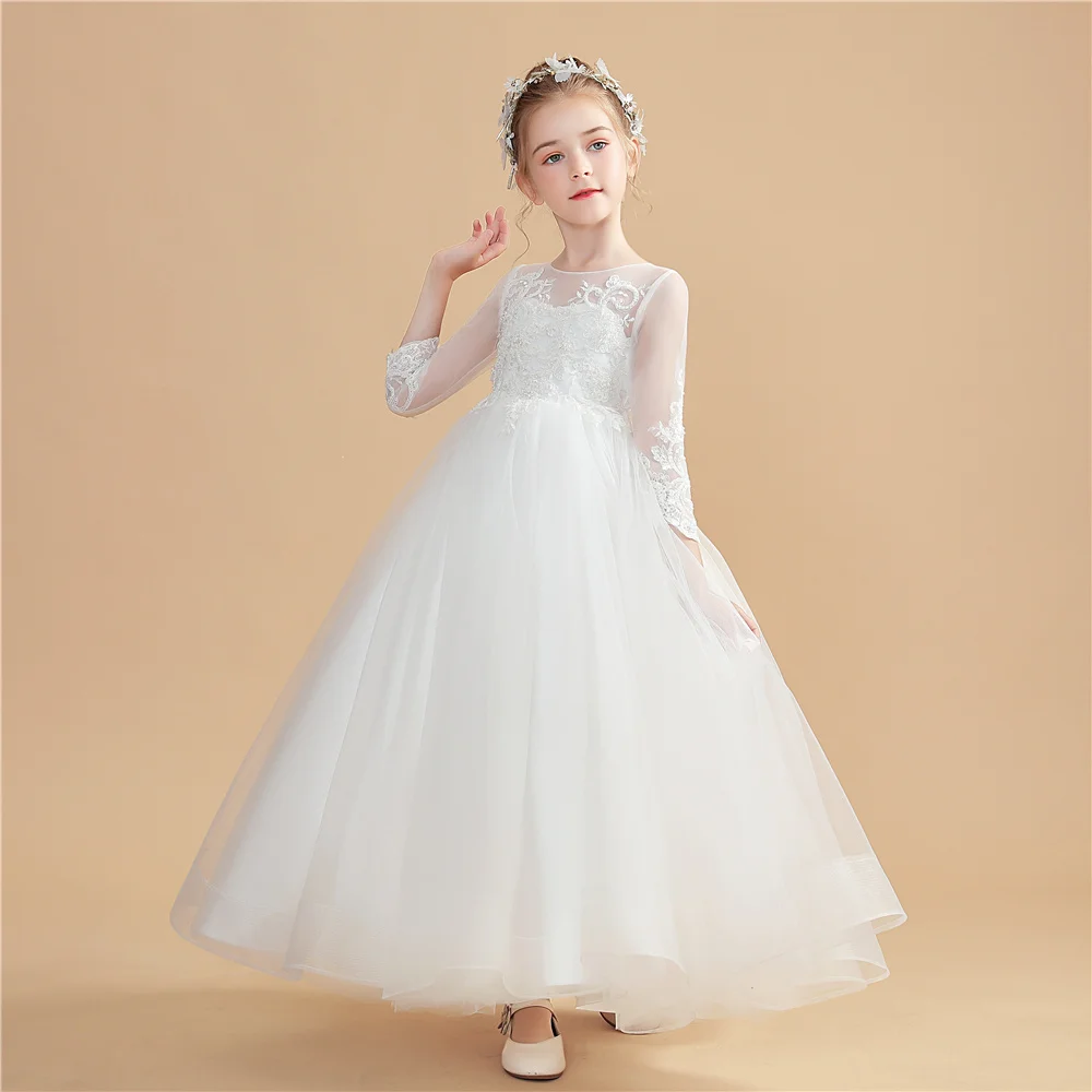 

Kids Ball Gown Tulle Flower Girl Dress Lace Appliques Long Sleeve For Wedding Baby Child Birthday First Communion Dresses 2-14Y