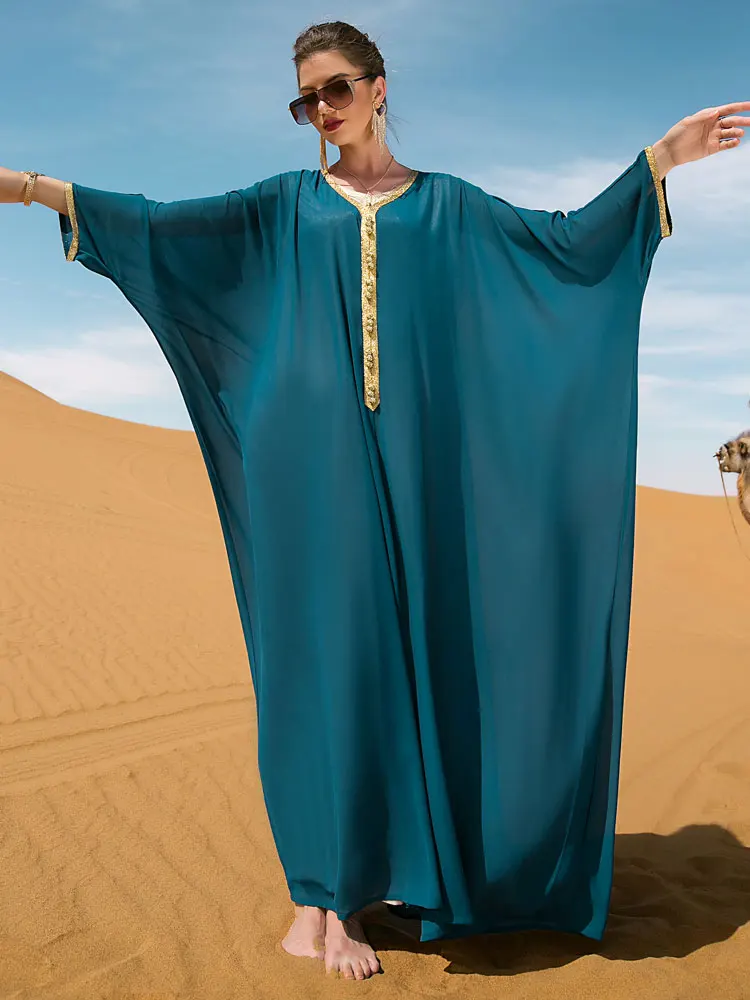 Кафтан с рукавом «летучая мышь», Африканское платье с золотой оплеткой, отделка, Арабская мусульманская свободная абайя, Дубай, саудовская ...