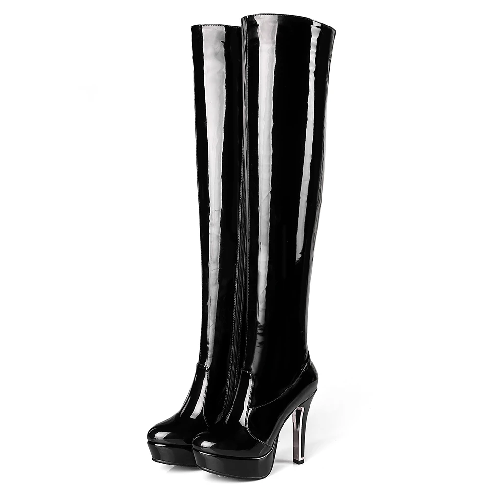 black style 2 BONJOMARISA 32-48 модные сапоги до бедра из лакированной искусственной кожи женские вечерние ботфорты выше колена женская обувь на платформе и высоком каблуке - Цвет: black style 2