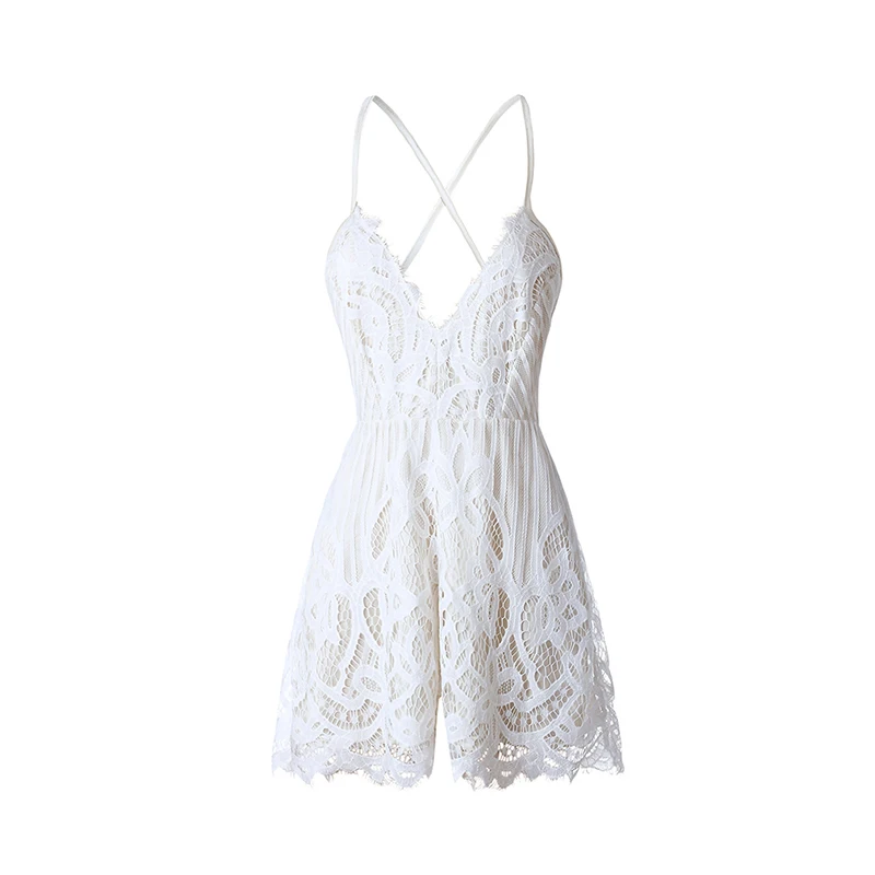 

Sexy Lace Women Playsuits Deep V Neck White Elegant Summer Strap Backless Lace Rompers Short Overalls Women One Piece