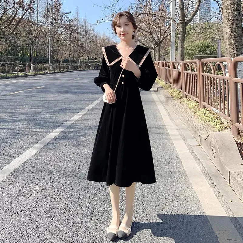 

Vintage Lantern Sleeve Peter Pan Collar Black Dress Gauze Pearl Button Splicing Fashion Women Autumn Midi Pleuche Party Dress