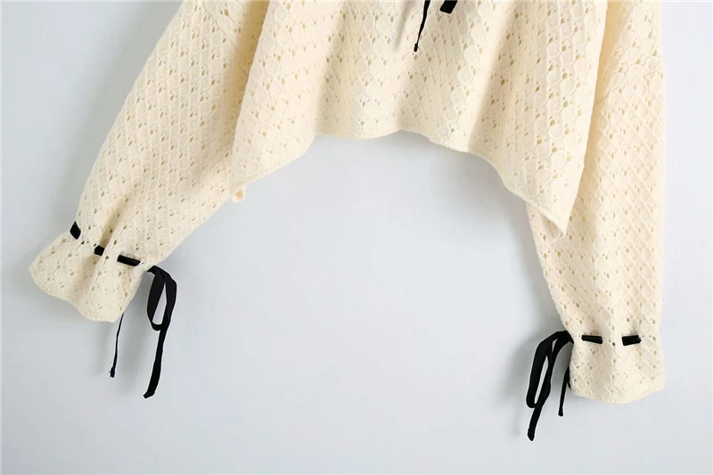 

Sweet women cascading ruffles shirts 2020 autumn elegant ladies knitted shirt female hollow out tops chic girls bow tops