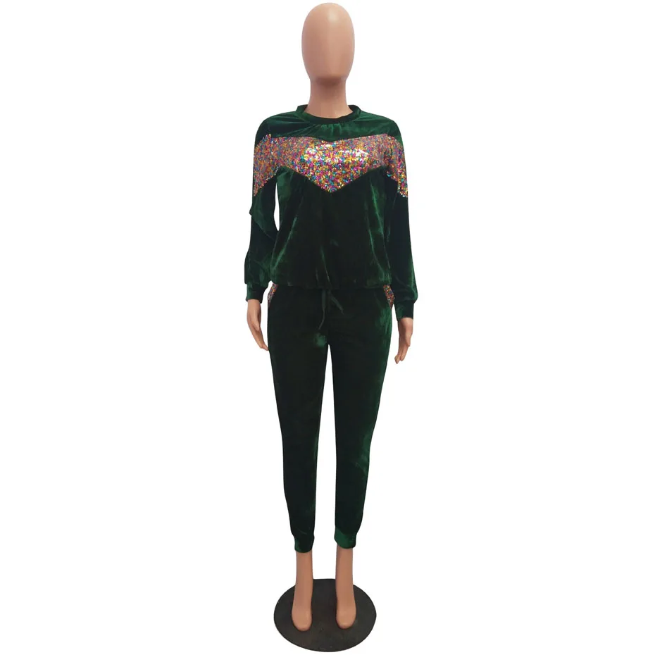 dark green HAOYUAN Женский комплект 2 шт. из плотного бархата с блестками; Спортивный костюм; топы с длинными рукавами и брюки; осенний Велюровый костюм из двух предметов - Цвет: dark green