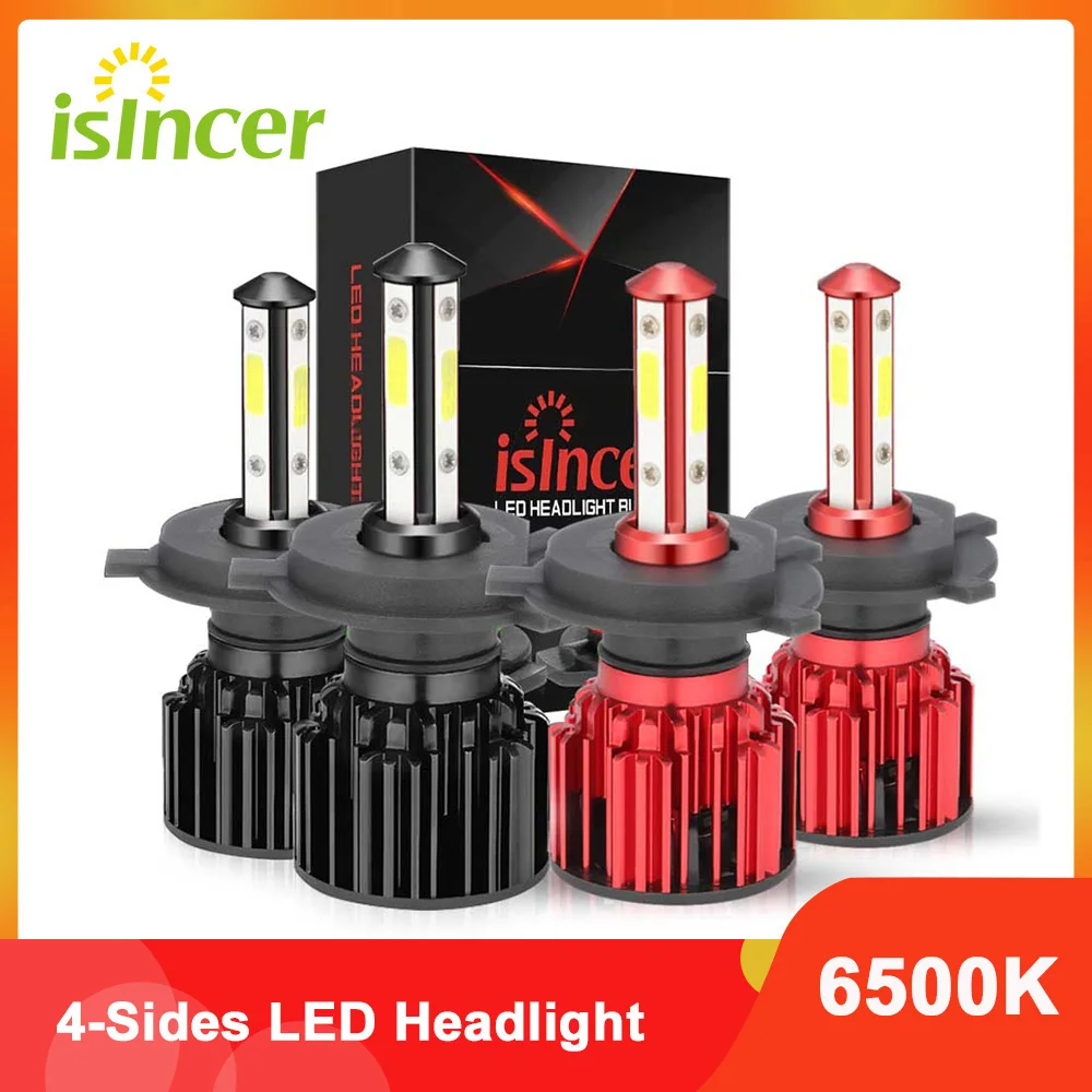 2PCS ISincer H4 H7 4-Sides LED Headlight Kit 100W 12000LM Hi/Lo Power Bulb H13 H11 9007 9005 9006 COB bulb headlights 6500k