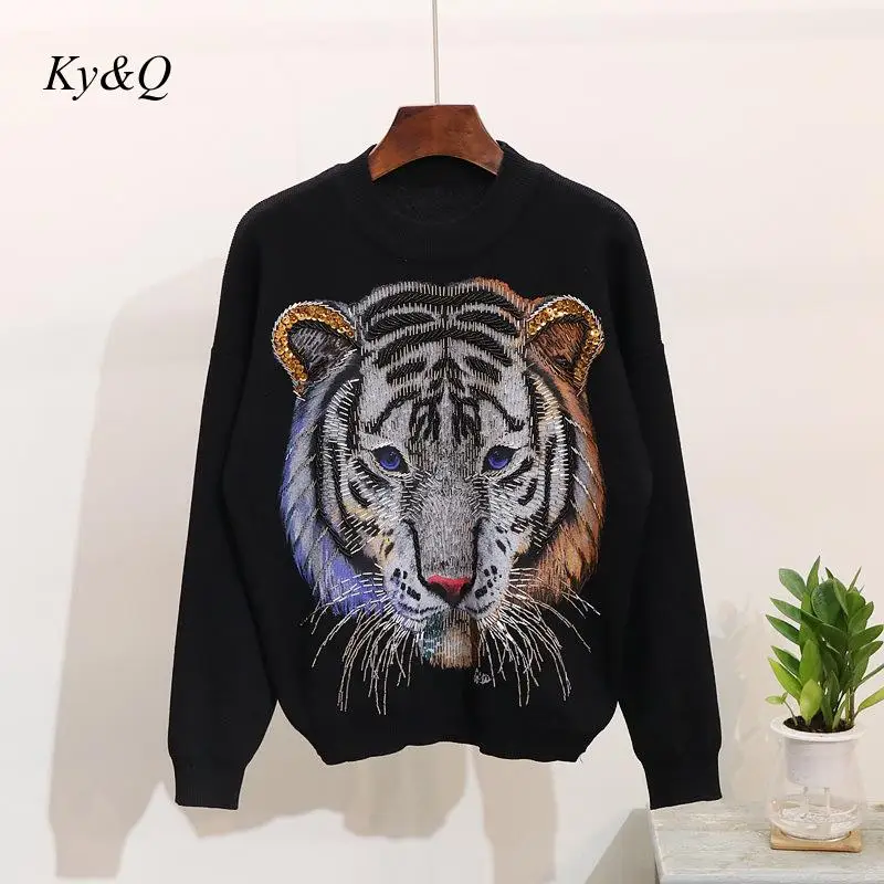 2019 Winter Christmas Women Vintage Luxury Embroidered Tiger Sweater Beading Sequined Brand Designer Pullover 2 Pieces Black | Женская