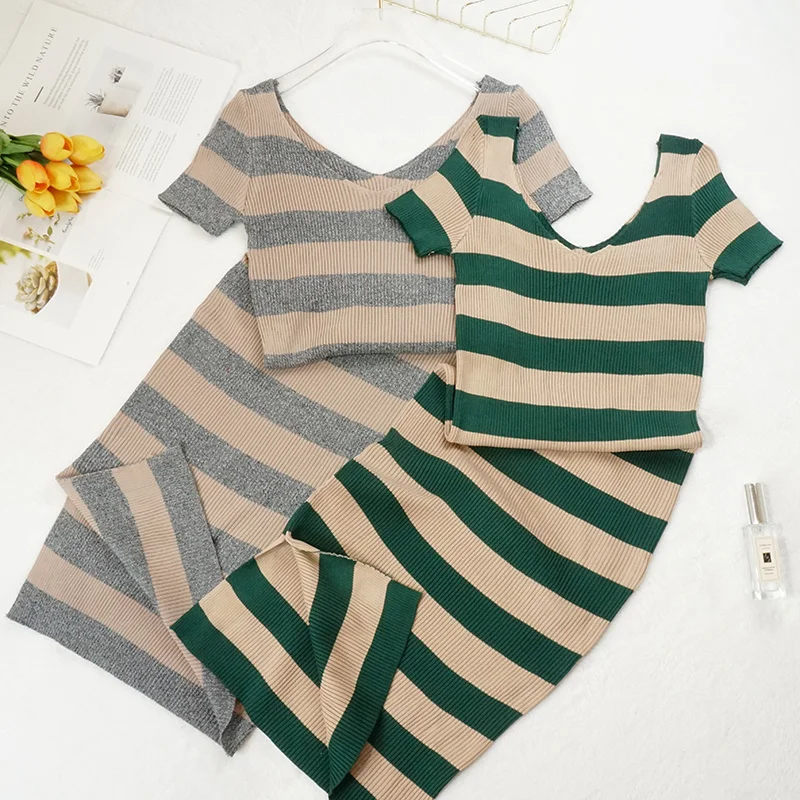 

2021 Summer New Color V-neck Short Sleeve Striped Knitted Dress Dress