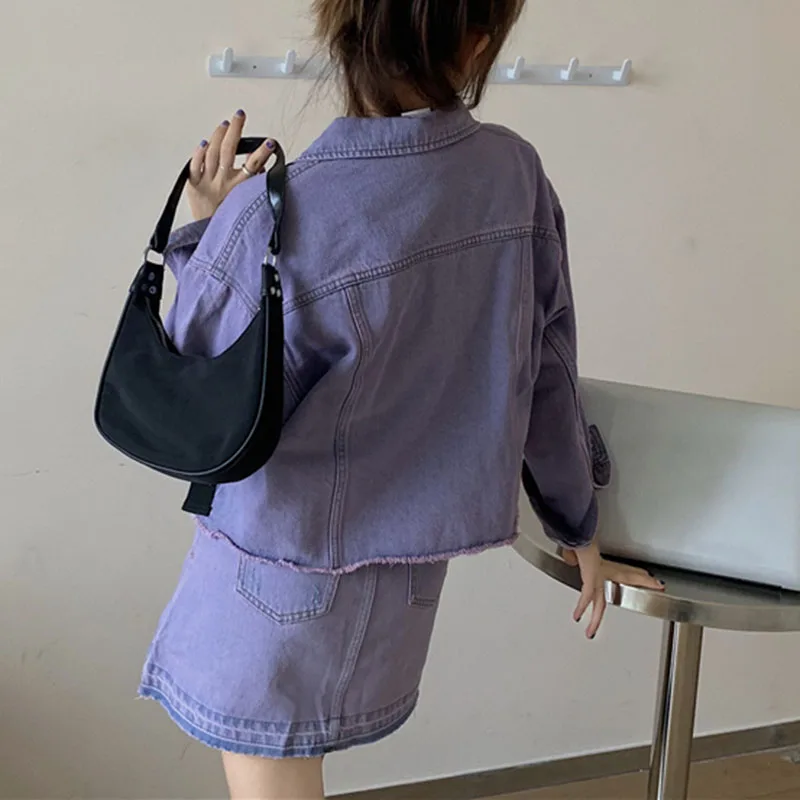 

Women Irregular Mini A Line Skirt Suits Sungtin Vintage Denim Two Piece Set Lady Purple Elegant Denim Jacket Set Korean Chic New