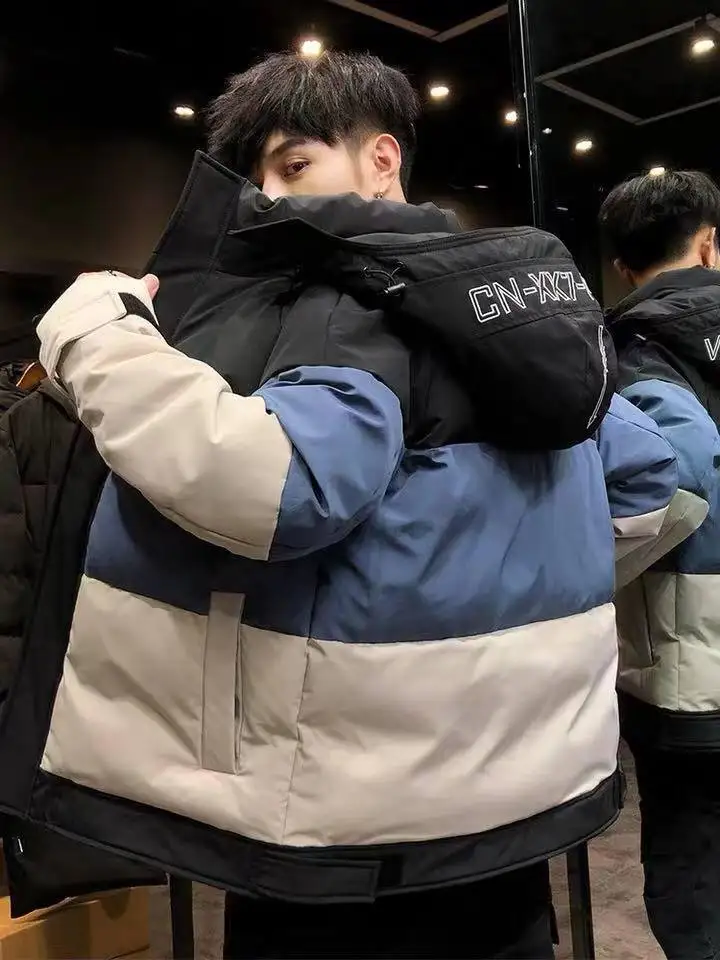 

Thicken Men's Down Jacket Patchwork Hooded Warm Parka Men Casual Waterproof Windproof Winter Coat Male Windbreaker Coats 3XL 4XL