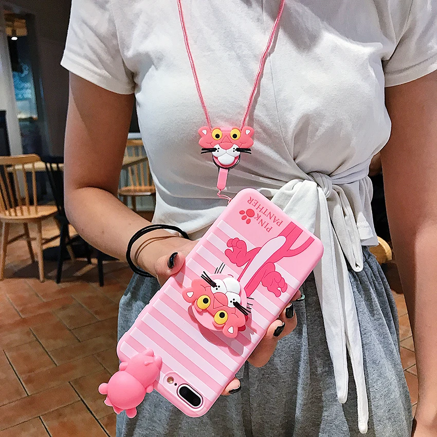 

INS Cartoon Case For iPhone 11 12 Pro Xs Max Xs XR 6 7 8Plus Case Pink Panther TPU Case Stand Holder Soft Phone Strap Rope Case