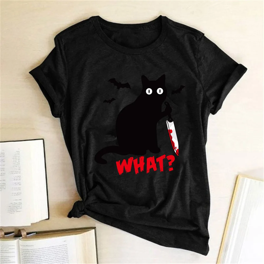 

2020 Black Cat Print Tshirt Women Funny t shirt Short Sleeve O-neck Tees Tops Femme Camisetas Verano Mujer