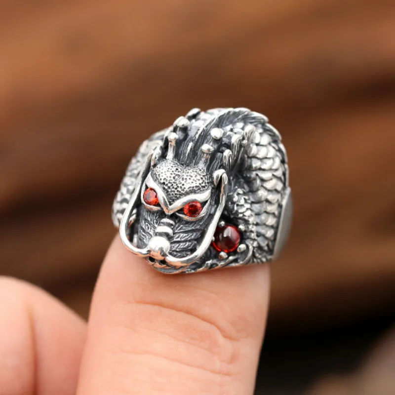 

Hot Sale Tibetan Silver Dragon Rings 925 Sterling Silver Hipster Men Rings S925 Anti-Allergic Dragon Raised Sculpture Man Rings