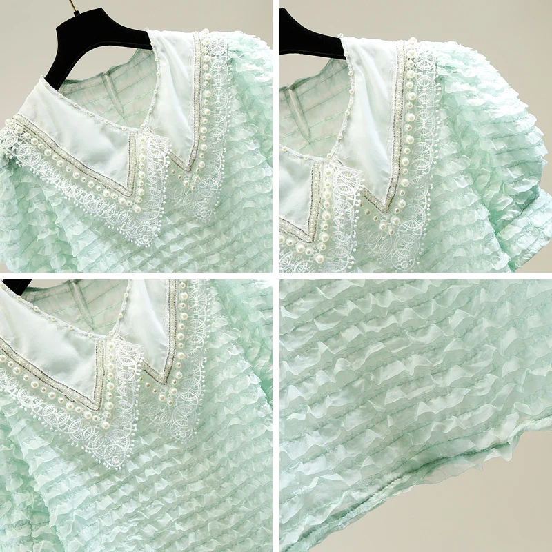 Летняя кружевная рубашка для женщин ручной работы украшенная бисером и