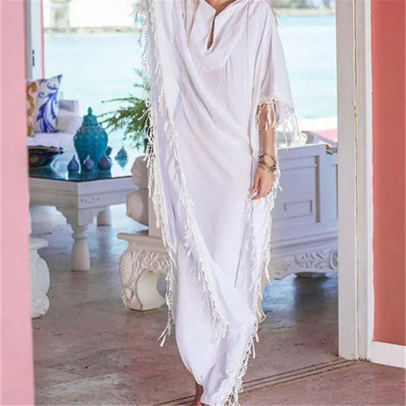 Белая хлопковая туника с бахромой, пляжный кафтан, бикини, платье с запахом, халат, женская летняя пляжная одежда, накидка, купальный костюм, накидка# Q730