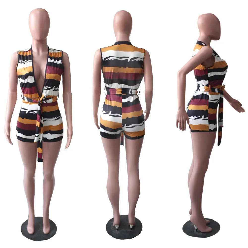 

Wholesale contrast striped print casual sexy skinny women playsuit high waisted belt street club party night jumpsuit short