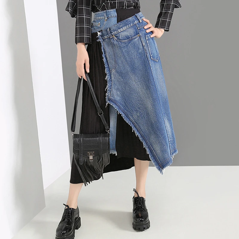 Женская Лоскутная джинсовая юбка CHICEVER повседневная плиссированная большого