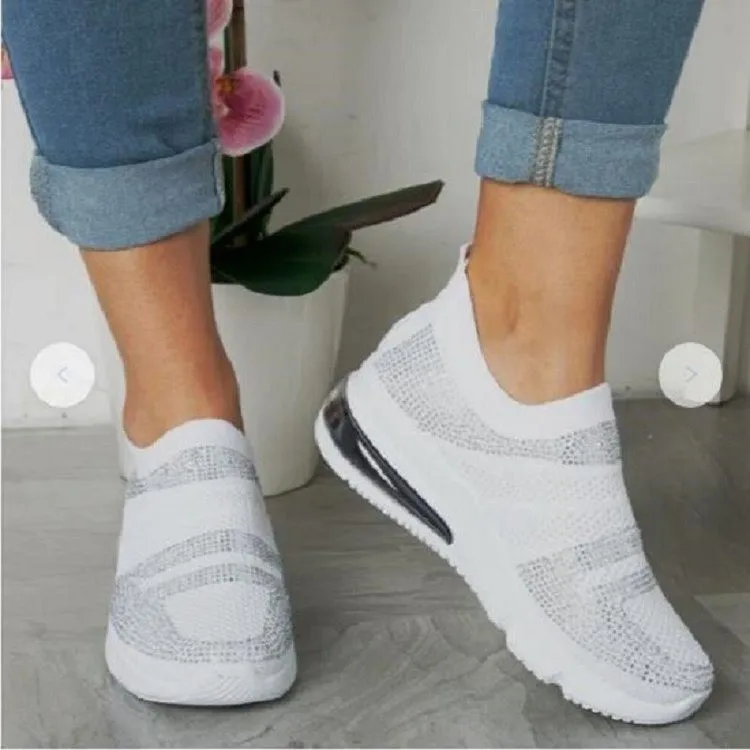 

Running Sports Shoes Summer Women Lady Casual All-Match Bling Rhinestone Flying Knitted Woven Mesh Air Soft Sneakers Increasing