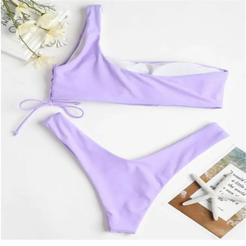 Новинка 2021 года однотонное бикини с косой лямкой лавандовый купальный костюм