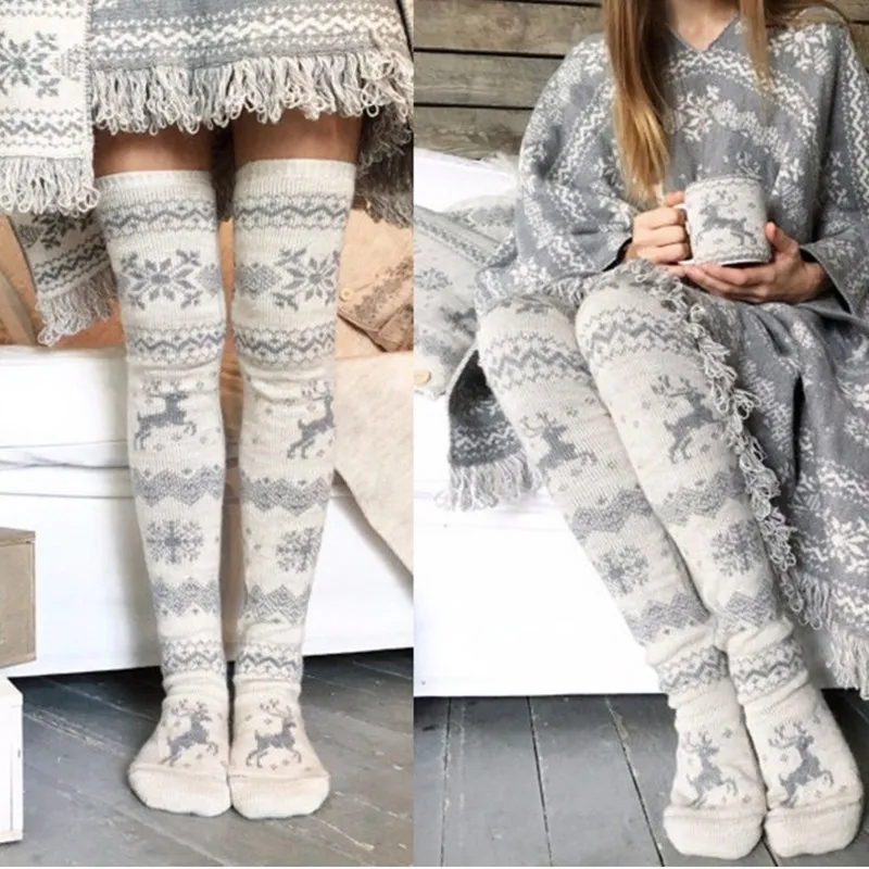 Snowflake Elk Socks European and American Style Christmas N Tube Thick Stockings Winter Warm Over The Knee Women | Женская одежда