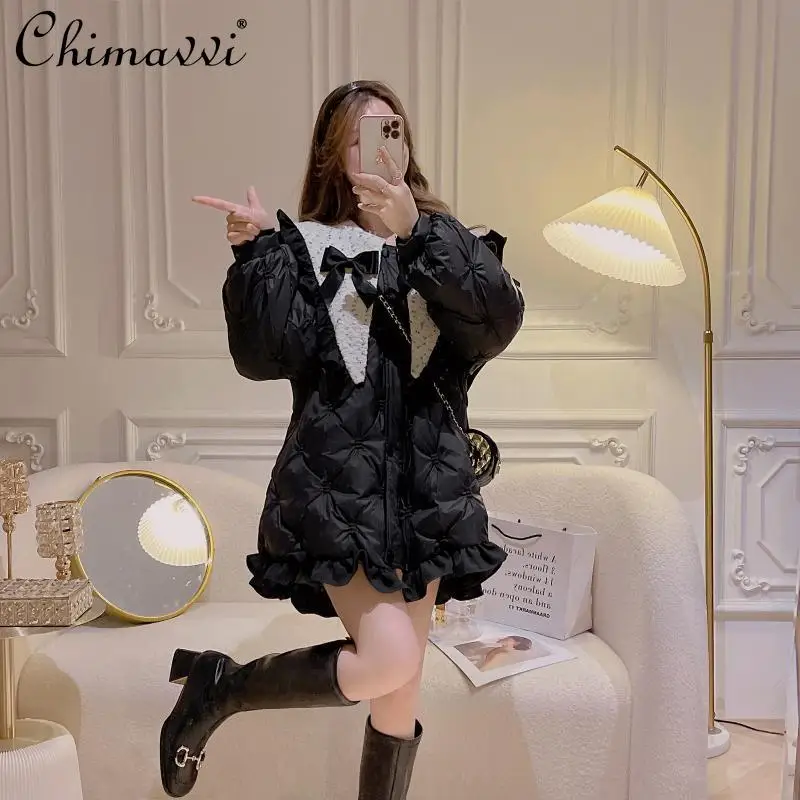 

High-End White Duck Down Jacket Women 2021 New Winter Clothes French Sweet Retro Long-sleeve Loose and Warm Cotton-padded Coat