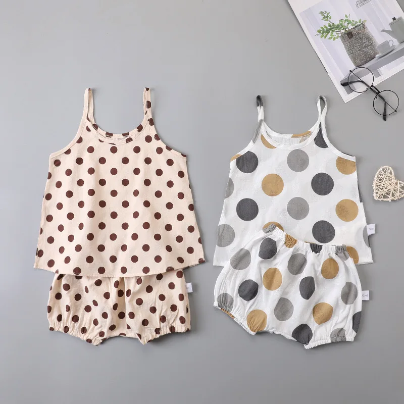 

Baby Girl Summer New Sling Children Two-piece Baby Korean Version Loose Western Style Dot Printing Kids Fairy Suit XB70
