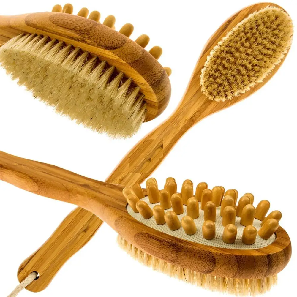 2 in 1 Body Brush Sided Natural Bristles Body Brush Scrubber Long Handle Wooden Spa Shower Brush Bath Massage Brushes