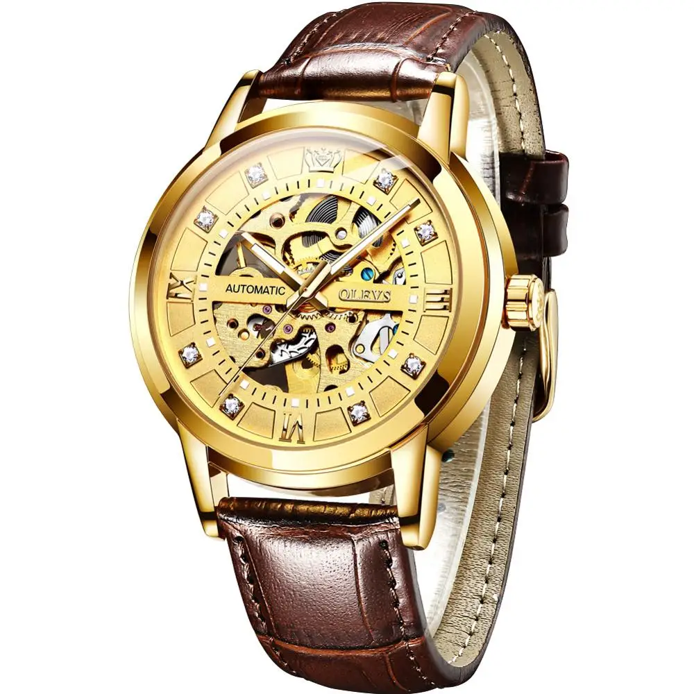 

SHOWTIME men mechanical wristwatches gold luxury brand waterproof Leather stainless steel watch Luminous diamond Hollow dial