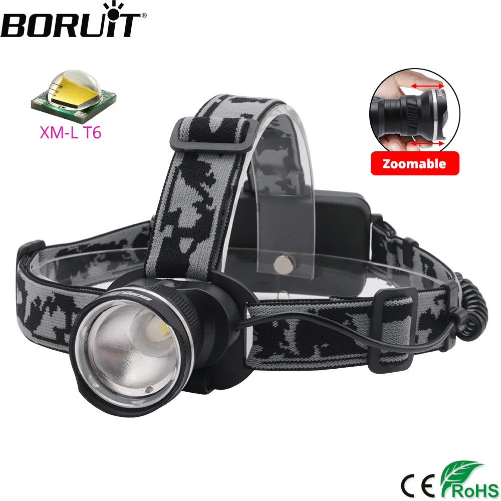 

BORUiT RJ-2190 T6 LED Headlamp 3000LM 3-Mode Zoom Powerful Headlight Rechargeable 18650 Waterproof Head Torch Camping Hunting