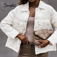 simplee office pocket geometric printed women parka winter loose lapel fashion coat white black casual button lady quilted coats
