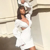 2021 autumn winter women sexy hollow out v neck bodycon dress elegant long flare sleeves solid white vcation dresses vestidos