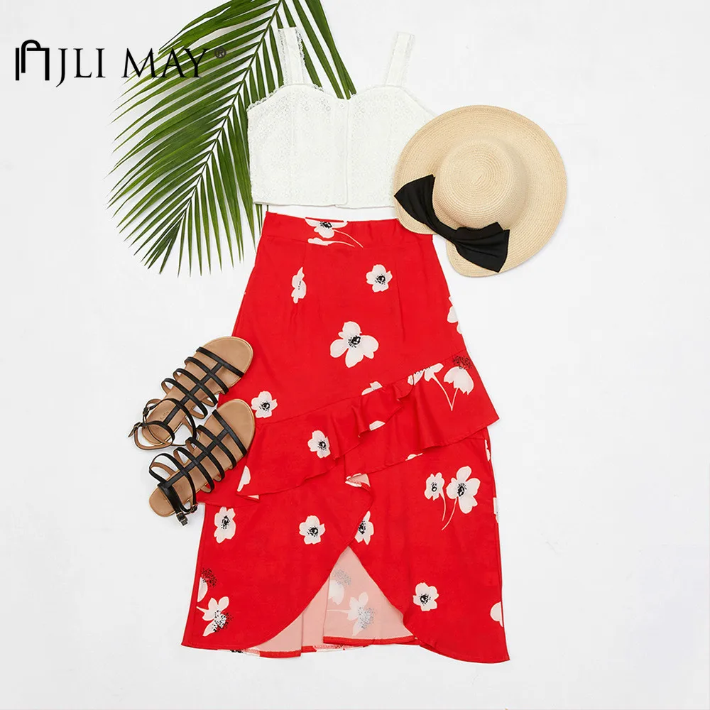 

JLI MAY Women's Floral Printed Skirts Summer Empire A-Line Slim Patchwork Ruffles Prairie Chic Irregular Midi Skirt