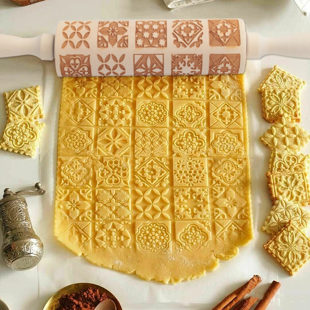 Рождественская деревянная Скалка ролик с узором в виде снежинок лозы печенье