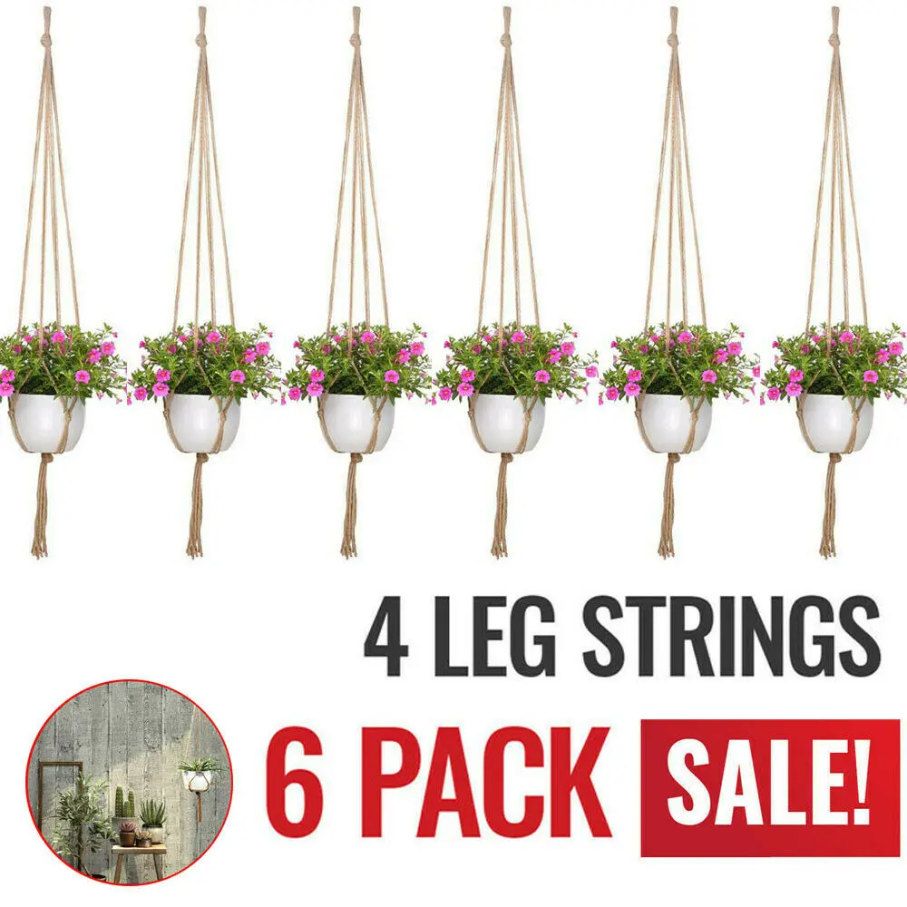 6Pack/lot Plants Hanger Flower Pot Holder Vintage Knotted Jute Rope Botanic Hooks Wall Hanging Rope Art Home Garden Decoration