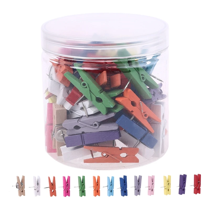 

60pcs Push Pins with Wooden Clips Pushpins Tacks Thumbtacks Creative Paper Clips for Cork Boards Notes Photos