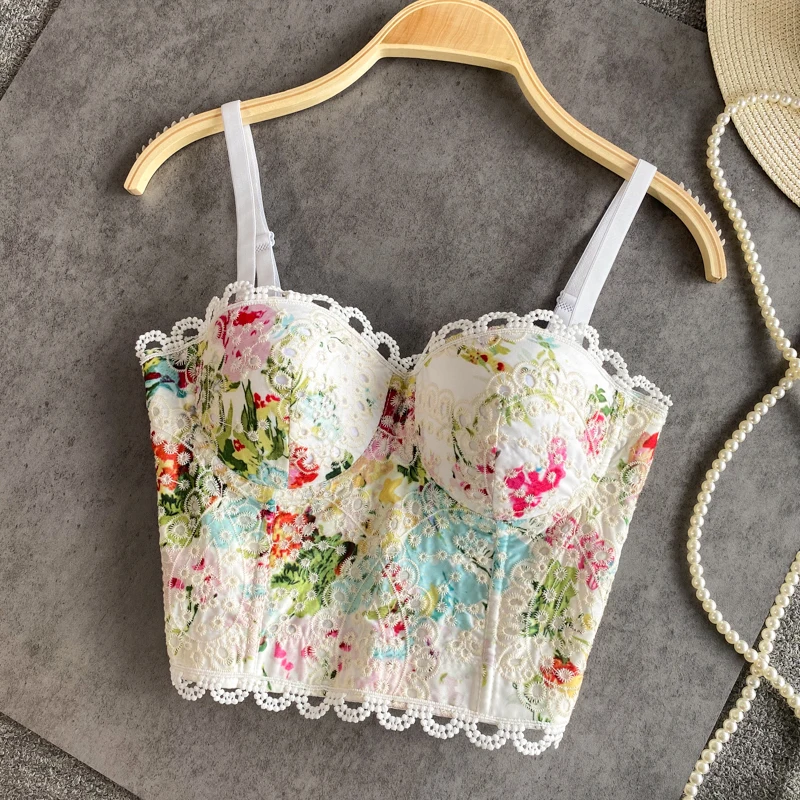 

2021 New Summer Printed Lace Tube Top Camisole Women 3D Cup Beach Outerwear Sexy Bra Bodice Short Embroidery Suspender Vest