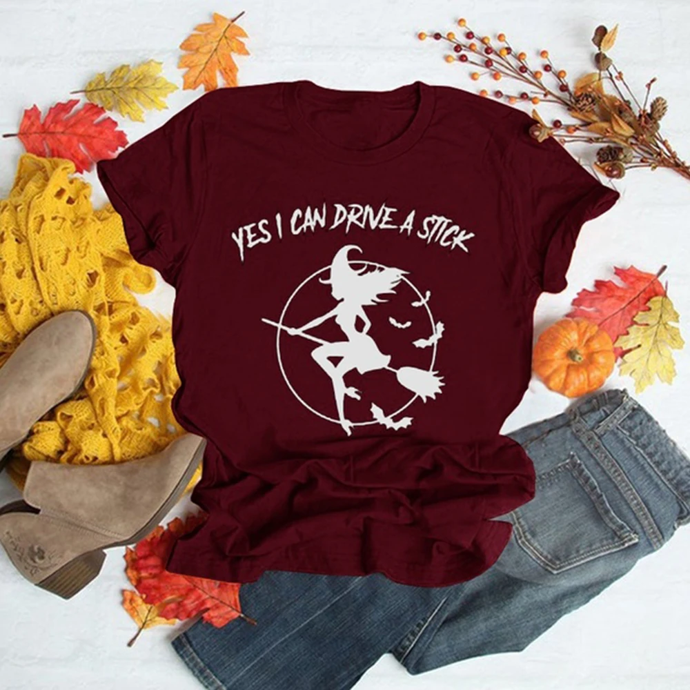 

Yes I Can Drive A Stick Witch Bats Print Halloween T-shirts Women Summer Shirts for Women Loose Short Sleeve Harajuku Top Femme