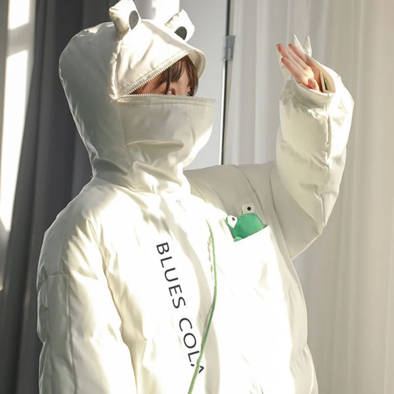 Funny Frog Green Padded Clothes Women's Winter Cartoon Cute Plush  Warm New Puff Jacket Hooded Parkas Japanese Kawaii Crop Top