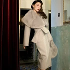 Женское длинное шерстяное пальто Le Palace, винтажное, оригинальное, зимнее, серое, элегантное, роскошное, с большим меховым воротником, 2020