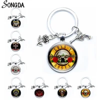 creative keychains holder guns n roses rock band pendant round key chain punk guns and roses band sign keyring statement jewelry