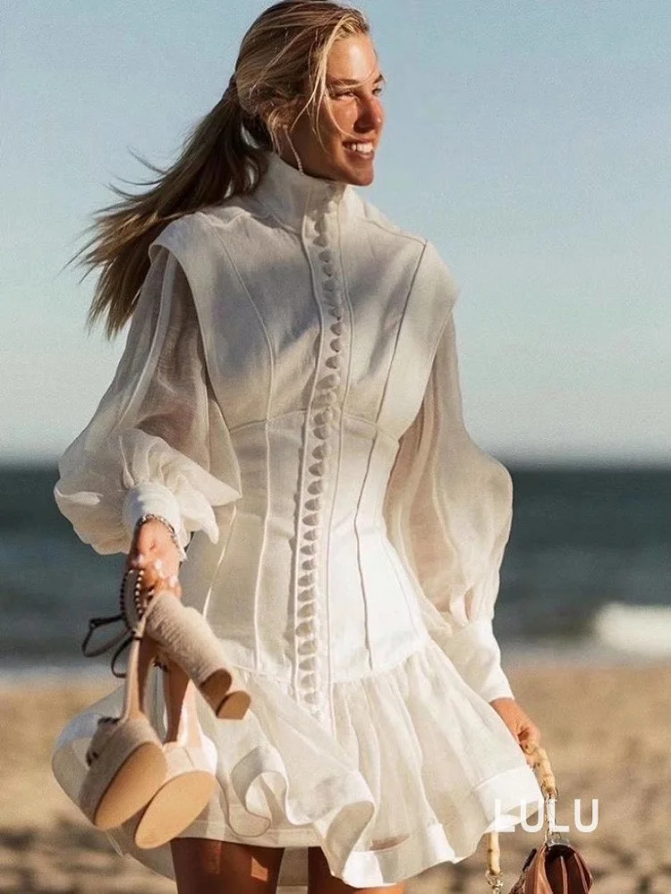 

Big brand heavy crafts single breasted women's tight-fitting pleated dress New women's wear autumn lantern sleeves ruffle dress